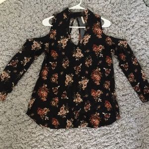 Black floral keyhole and cold shoulder blouse